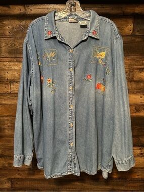 Vintage 90s Bobbie Brooks Embroidered Fall Harvest Denim Shirt Plus Size 26W/28W